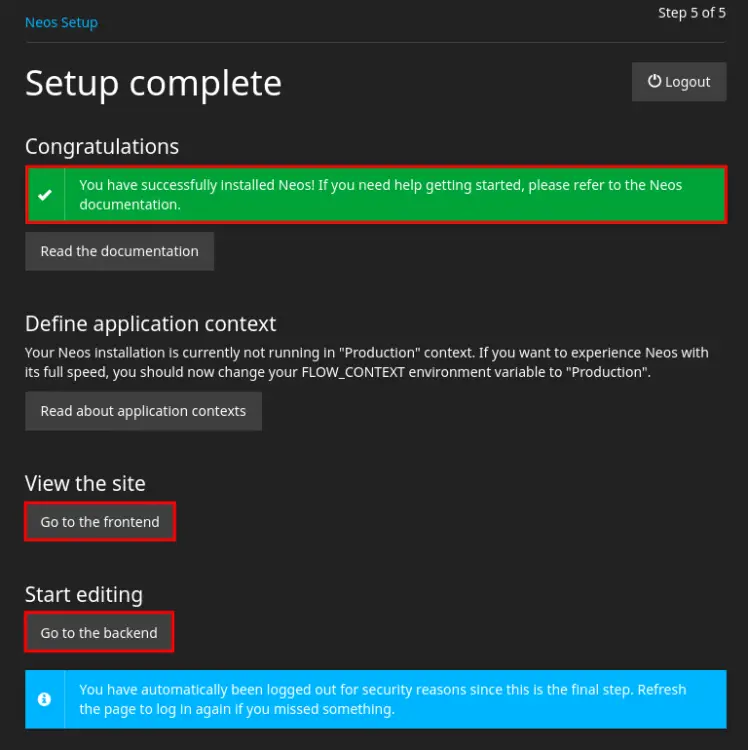 Интерфейс Neos после установки