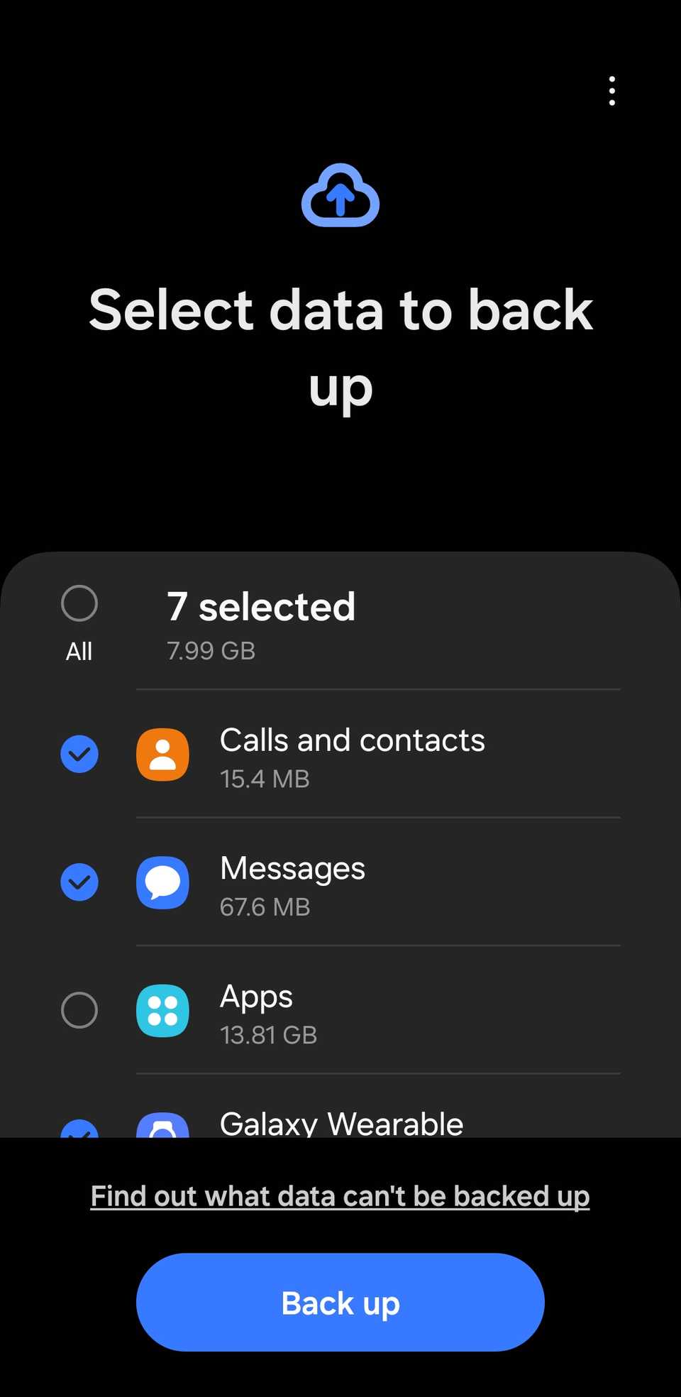 Опции резервного копирования на телефоне Samsung.