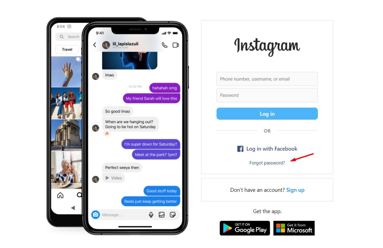 Страница входа Instagram с ссылкой «Забыли пароль?»