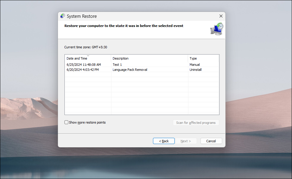 Диалог «Восстановление системы» с перечнем доступных точек восстановления в Windows 11