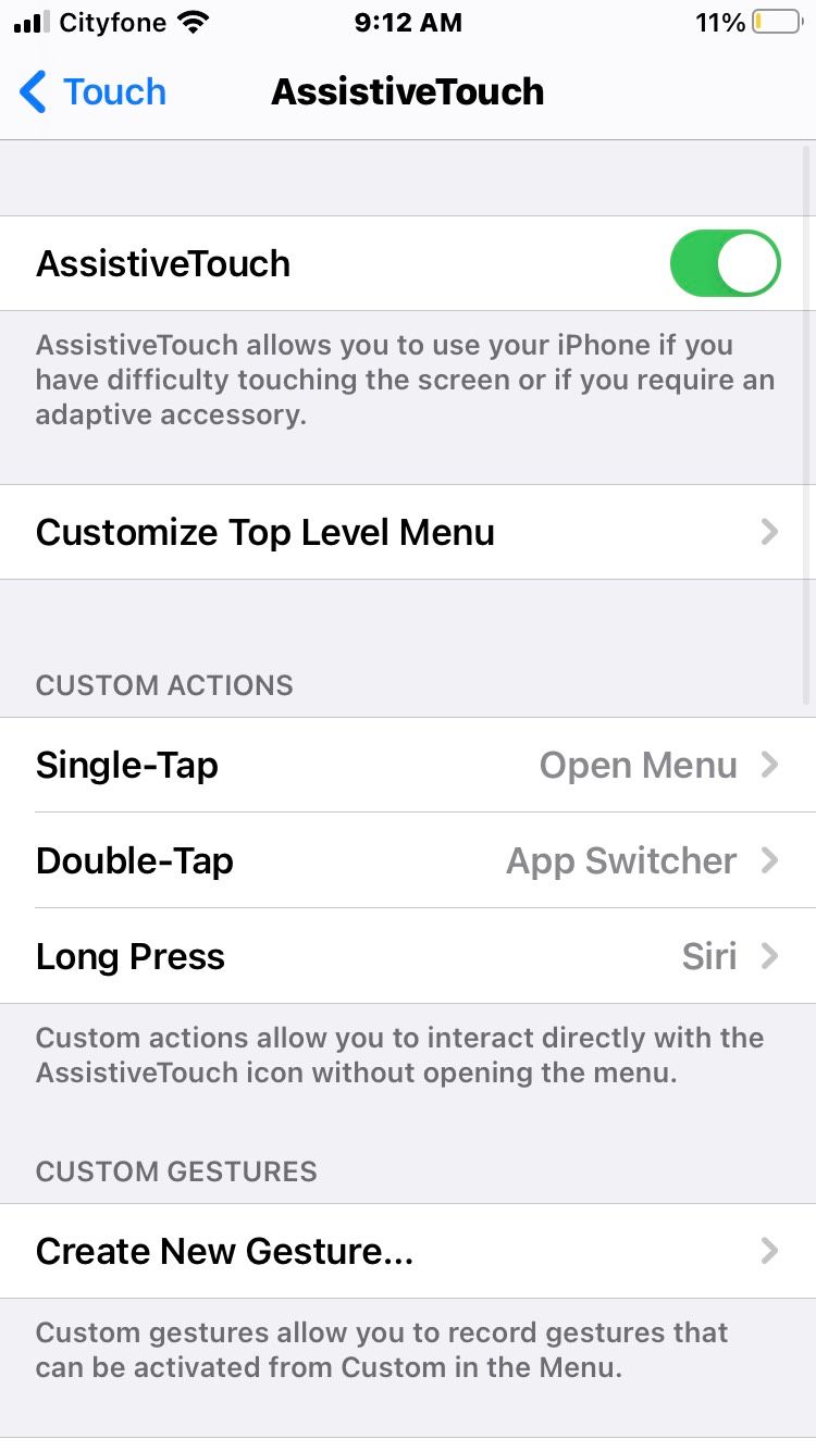 Настройки AssistiveTouch для изменения верхнего меню