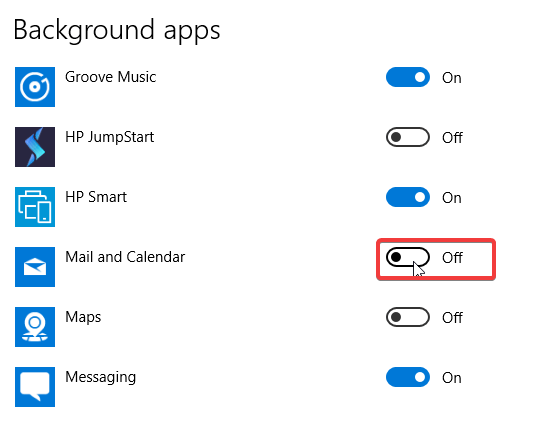 Список приложений с включённой Почтой и Календарём для фоновой работы