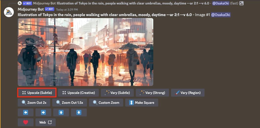 Кнопка увеличения разрешения в Midjourney