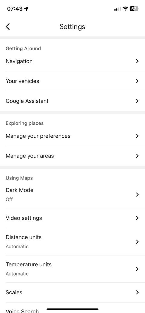 Страница настроек Google Maps