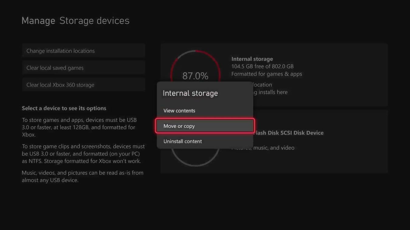Скриншот опции Переместить или копировать внутреннего хранилища
