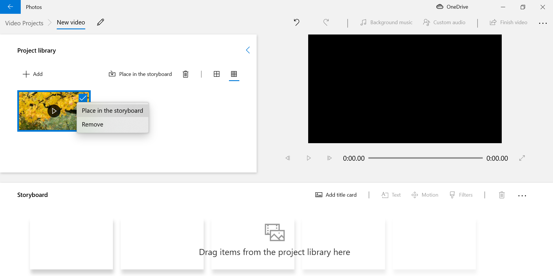 Добавление видео на storyboard в Video Editor