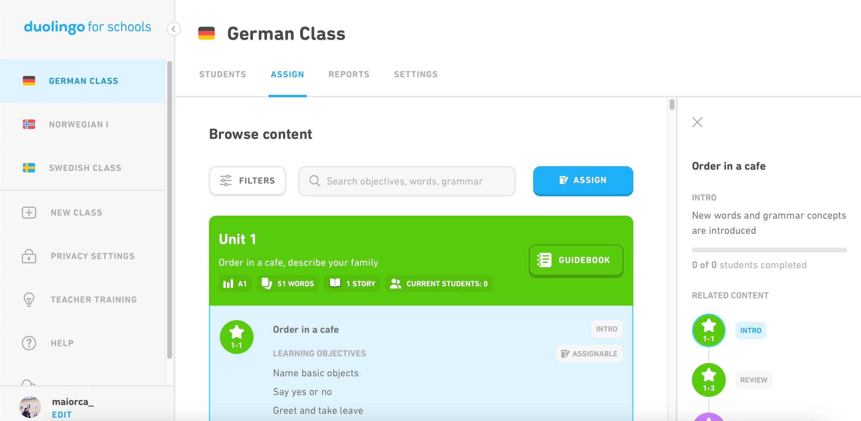 Создание нового задания в Duolingo for Schools: окно назначения