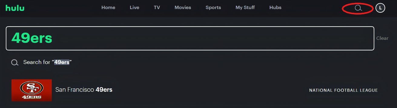Поиск спортивной команды на Hulu с помощью значка поиска.