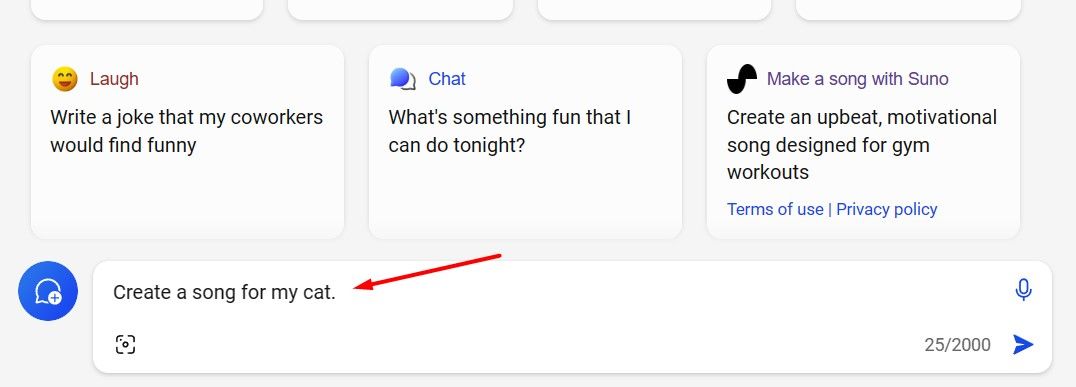 Промпт в строке поиска Microsoft Copilot для создания песни
