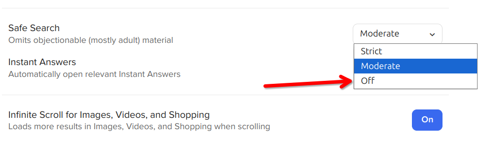 Опция Off в разделе Safe Search на странице настроек DuckDuckGo