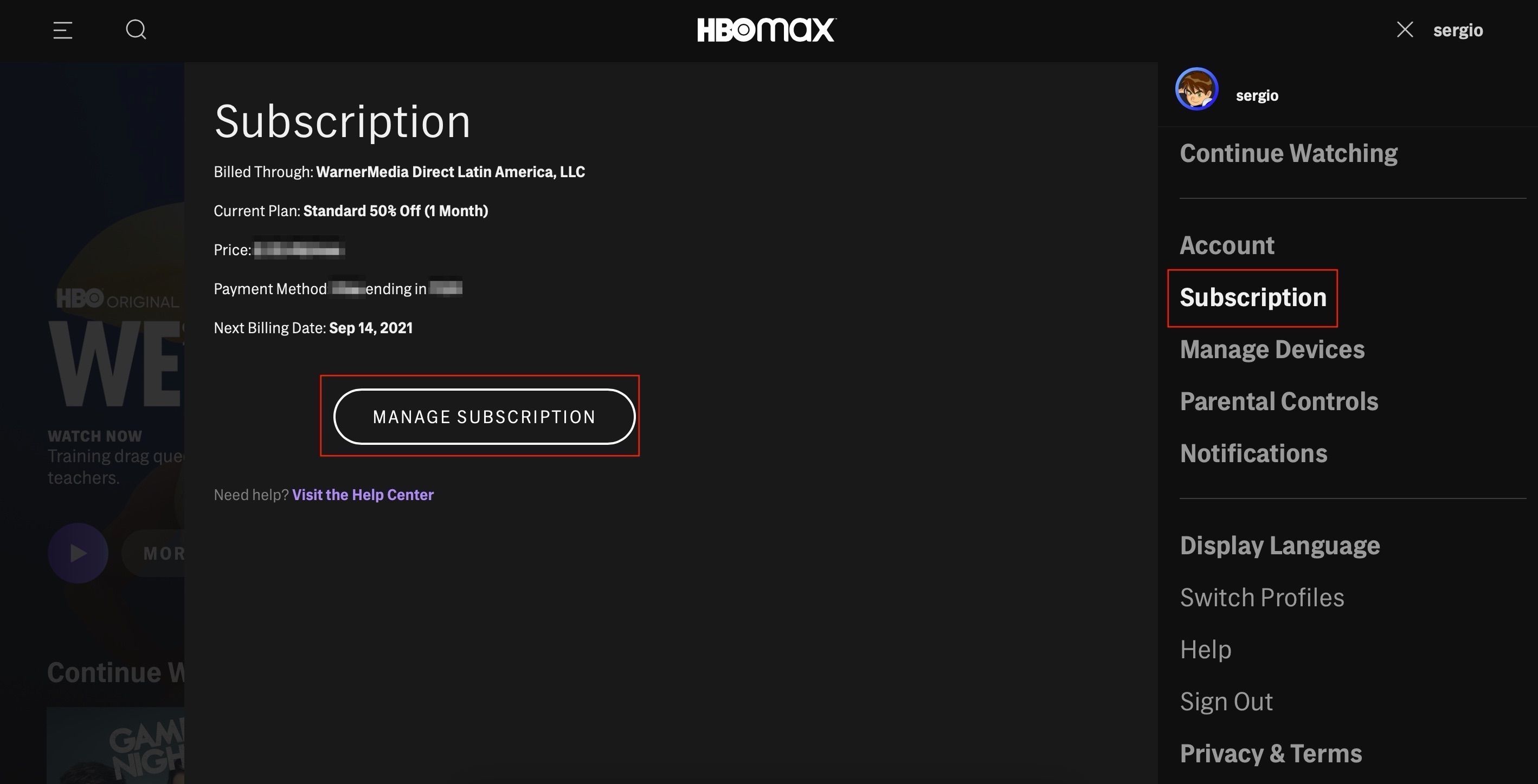 Управление подпиской HBO Max в браузере
