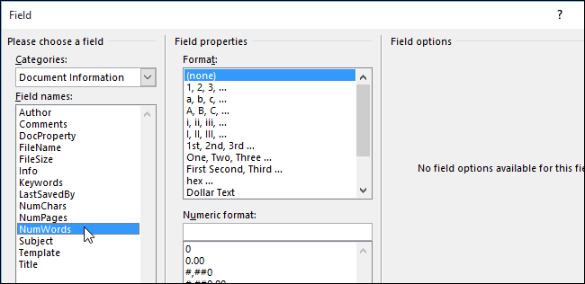 Выбор поля NumWords