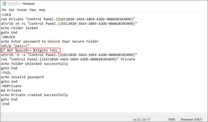 Скрипт BAT в Блокноте, пример содержимого файла для создания защиты папки.