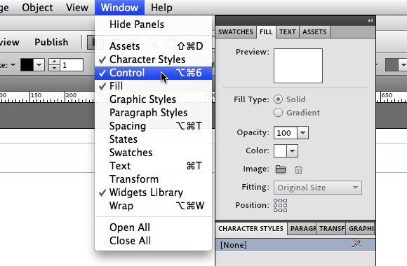 Панели свойств и управления элементами в Muse