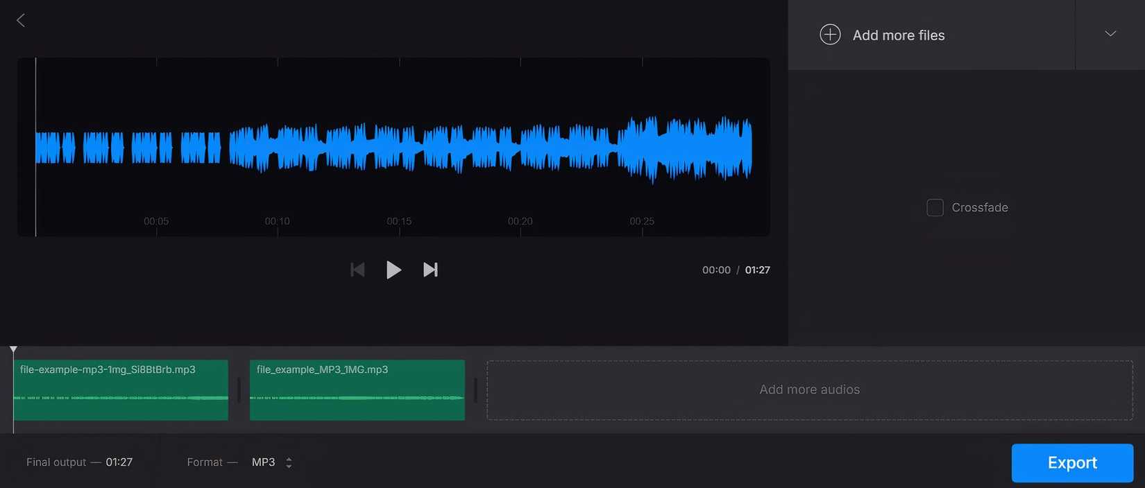 Интерфейс Clideo для склейки аудио с видимой временной шкалой и списком треков.