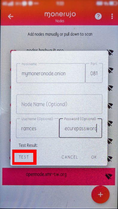 Изображение: кнопка тестирования соединения с узлом в Monerujo