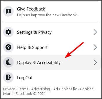 Пункт меню Отображение и доступность в Facebook