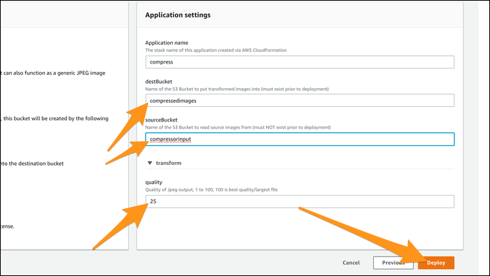 Настройки приложения: имя бакета и качество JPEG
