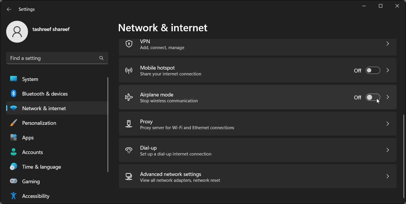 Параметры Windows 11 — Сеть и интернет, выключен режим в самолёте