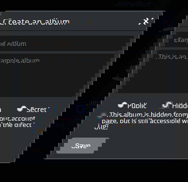 Поля для названия, описания и настроек видимости альбома