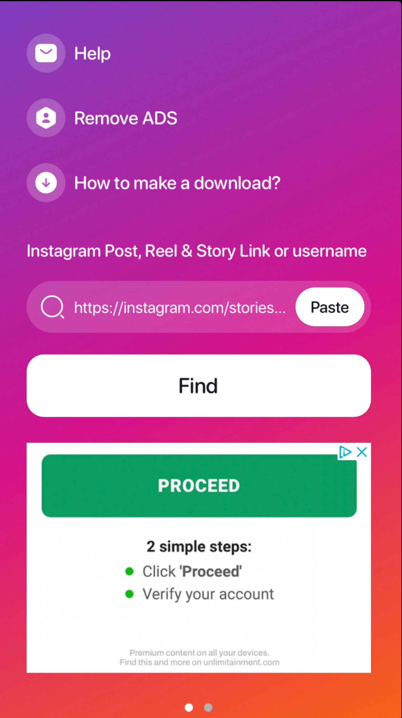 Приложение InstDown: поиск сторис в интерфейсе iPhone
