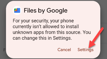 Нажмите «Настройки», чтобы разрешить установку приложений