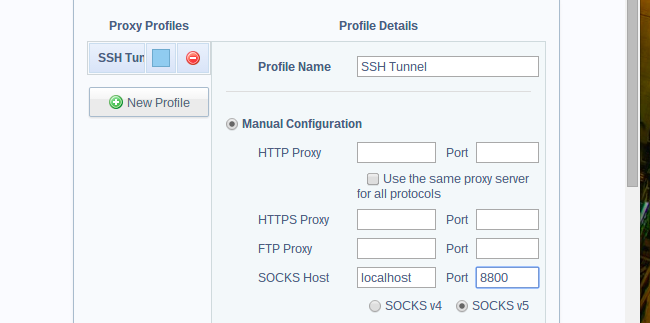 SwitchySharp: профиль SSH Tunnel с SOCKS v5 и localhost:8800