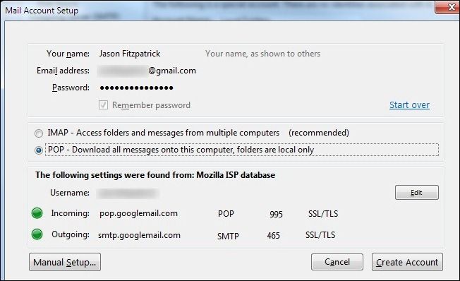 Настройки сервера в Thunderbird