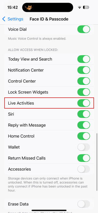 Включение Live Activities в Настройках iPhone