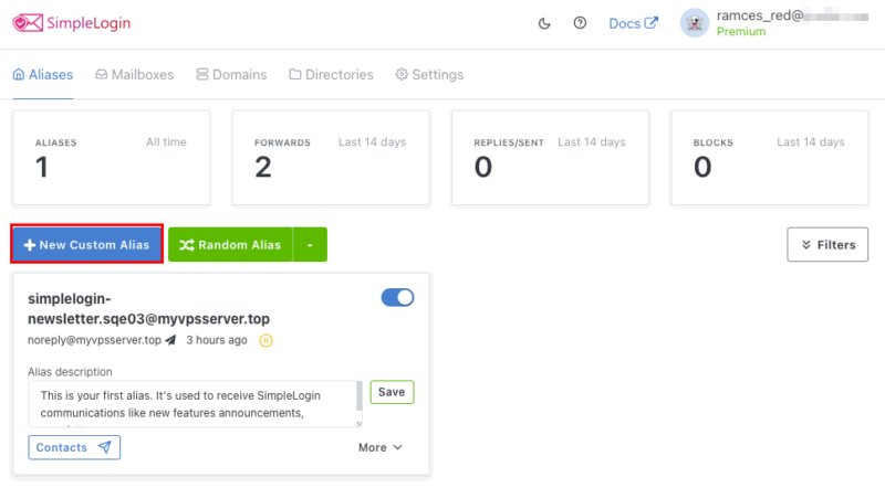 Панель SimpleLogin с кнопкой New Custom Alias