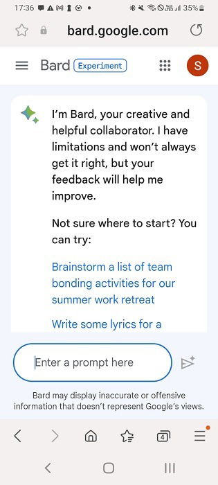 Accessing Bard AI on an Android phone with Samsung Internet browser.