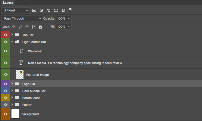 Слои в PSD с группировкой и цветовой маркировкой