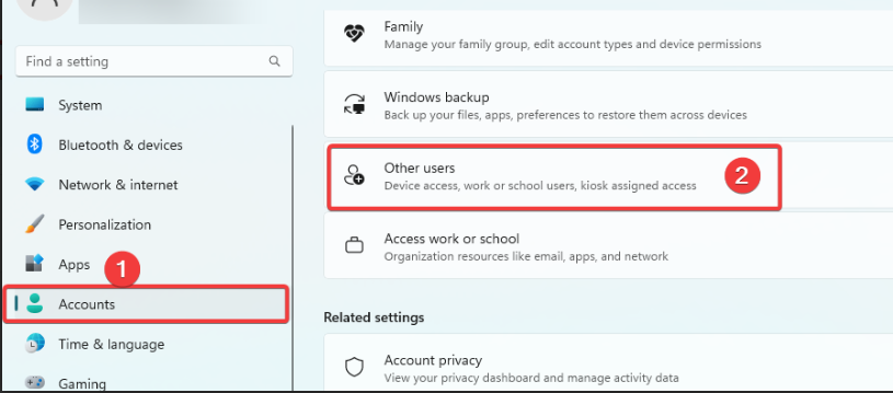Переход в раздел Учётные записи — Другие пользователи
