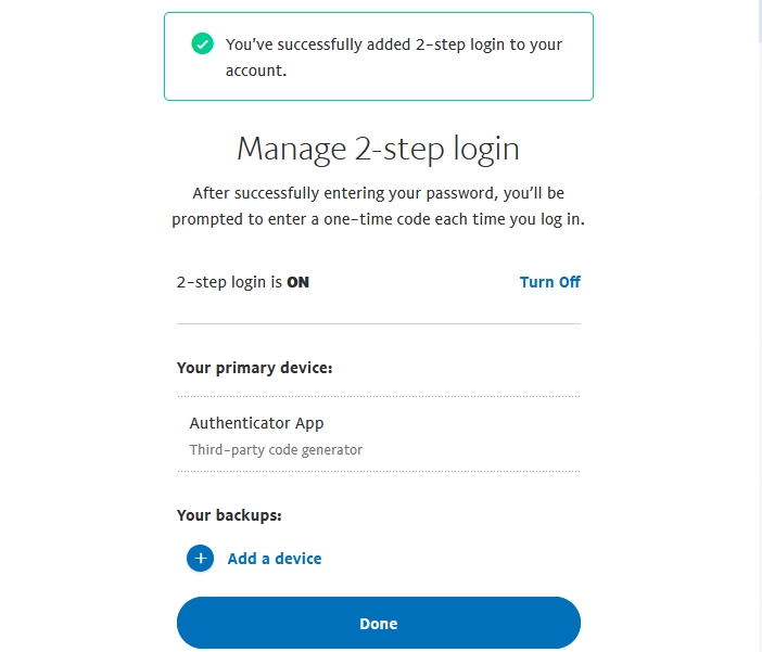 PayPal: экран подтверждения — настройка двухфакторной аутентификации завершена