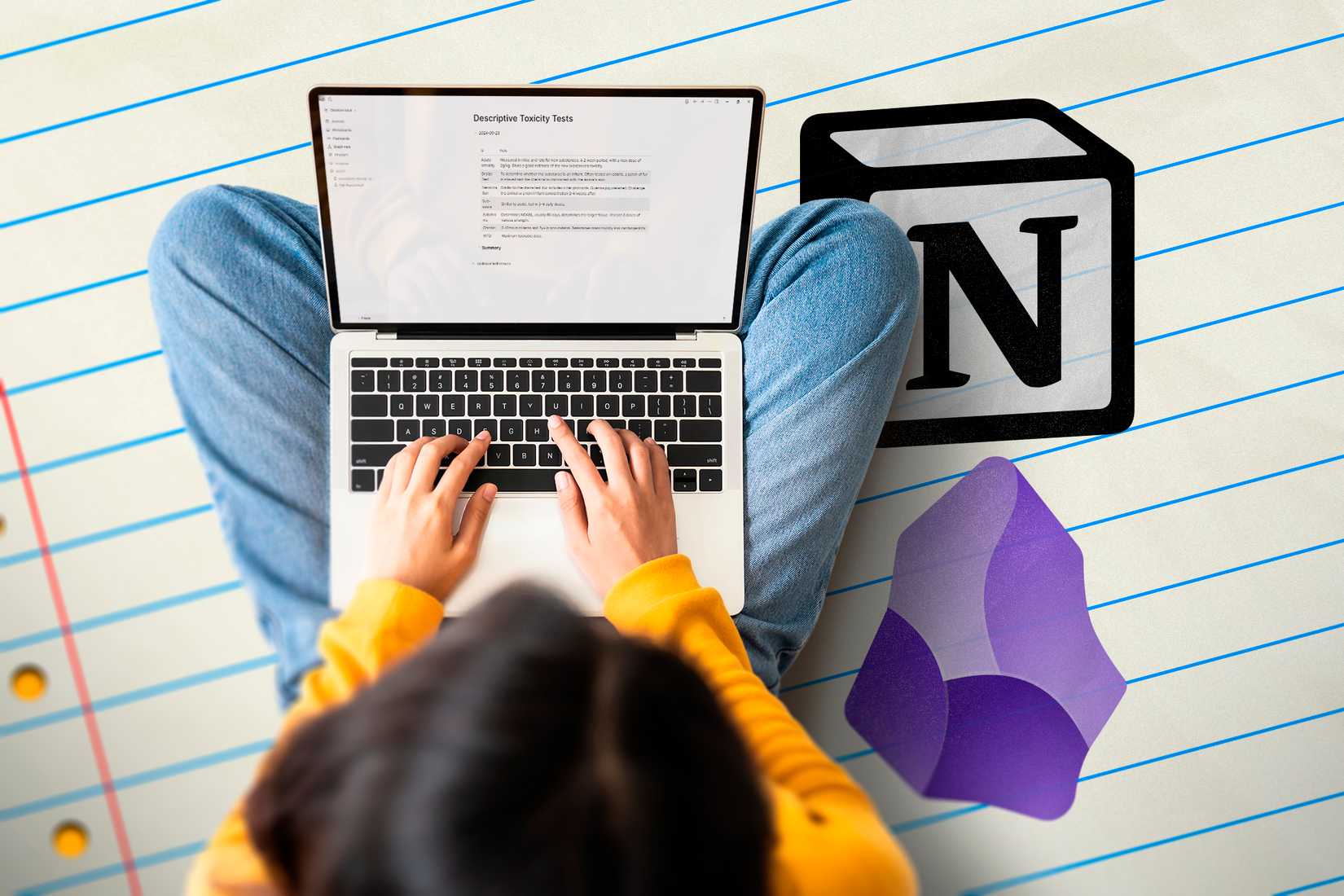 A woman using a laptop sitting on a surface with a paper-like texture, with LogSeq on the laptop screen and the logos of Notion and Obsidian beside it.