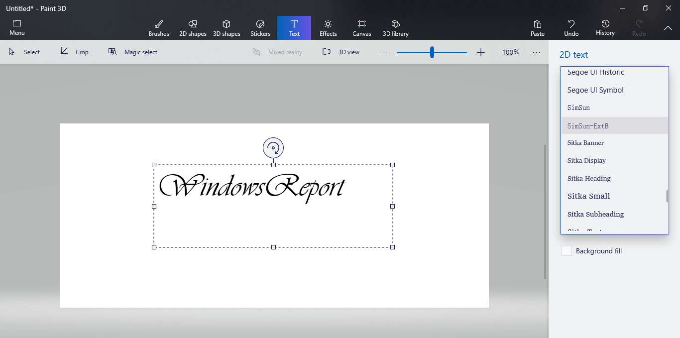 Выделенный текст и панель редактирования в Paint 3D