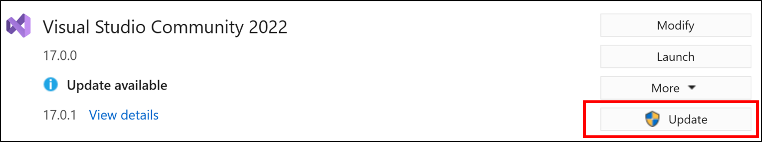 Инструмент Visual Studio Installer с кнопкой Update