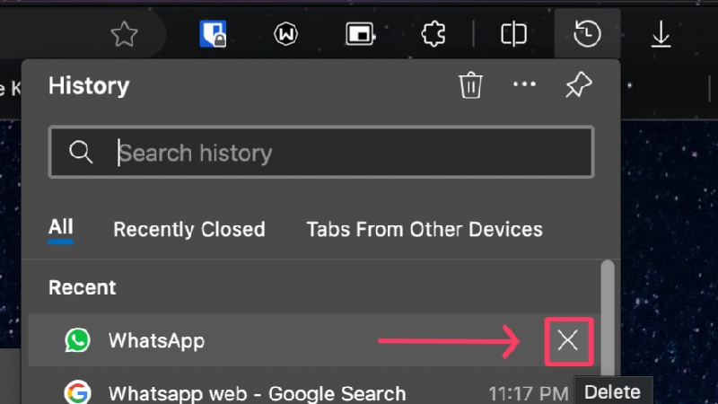 delete particular history in edge