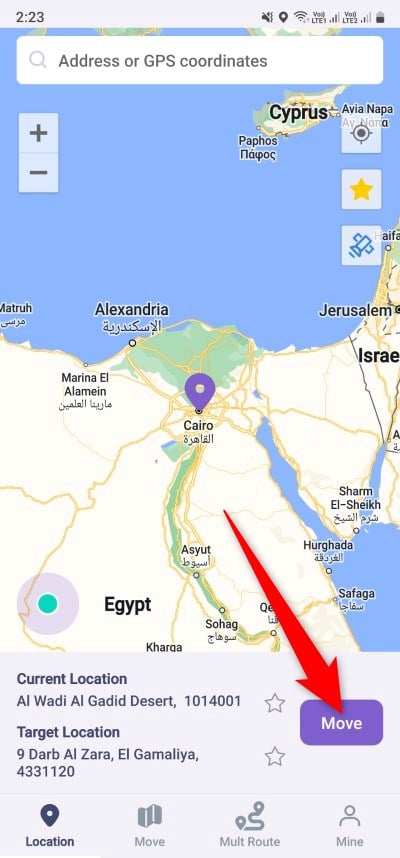 Schermata dell'app LocaEdit con una posizione scelta sulla mappa