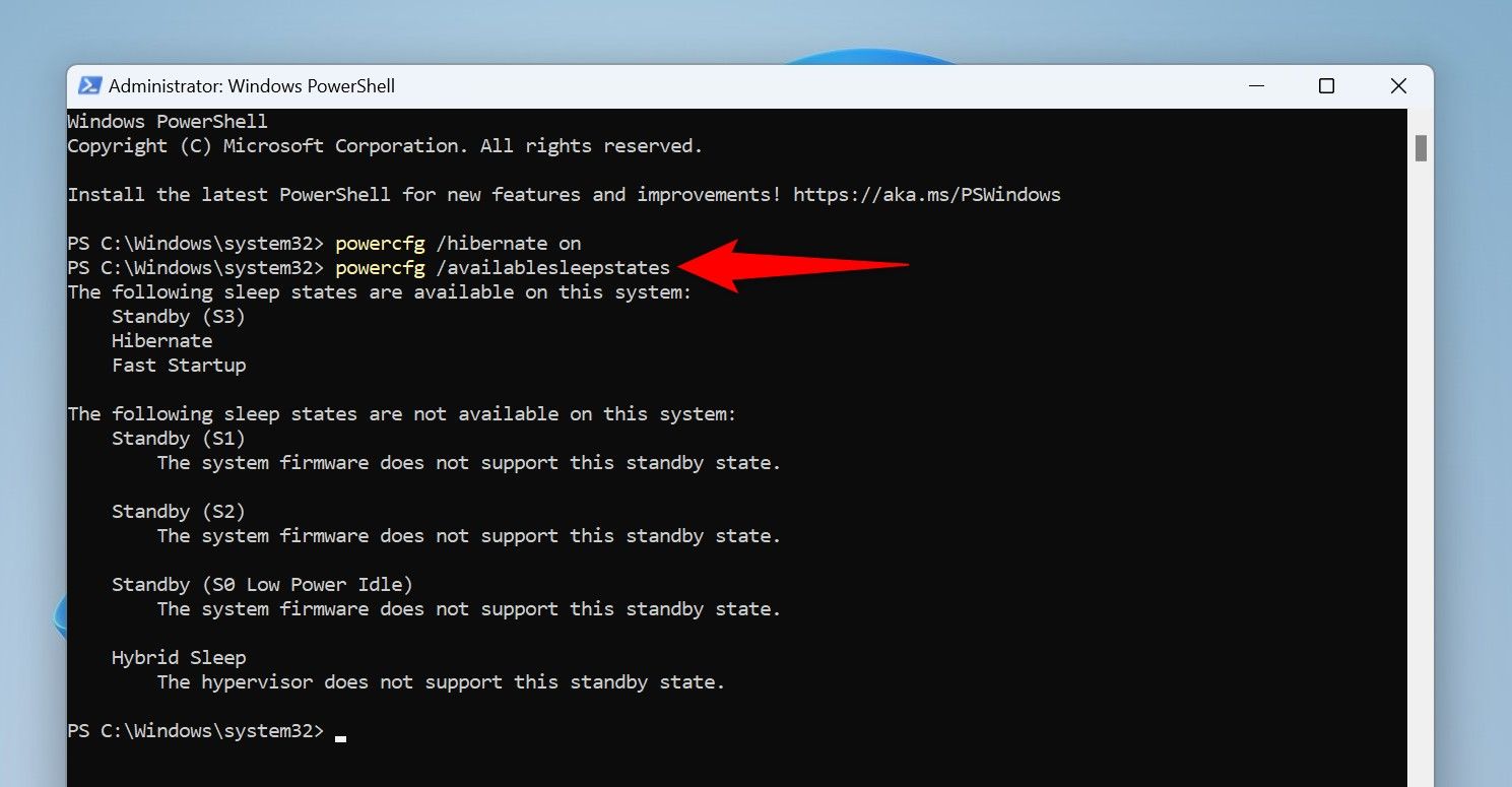 Проверка статуса гибернации в PowerShell.