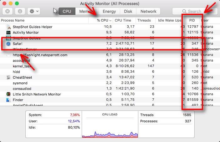 Идентификатор процесса (PID) в колонке Мониторинга системы