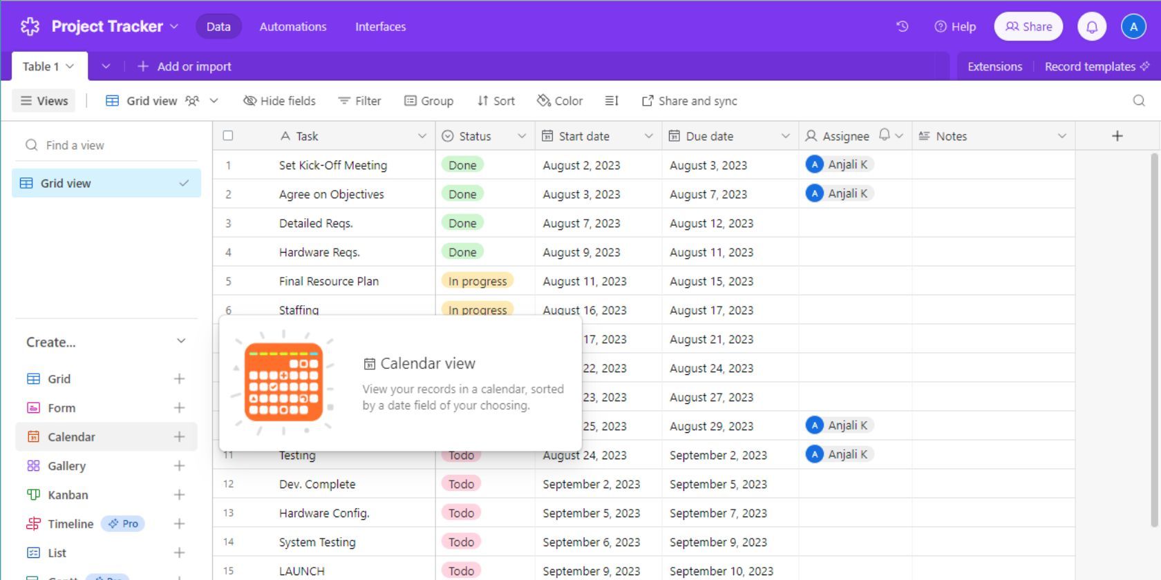 Скриншот Airtable, показывающий доступные типы видов