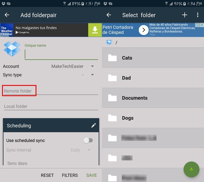 Выбор удалённой папки в Dropbox