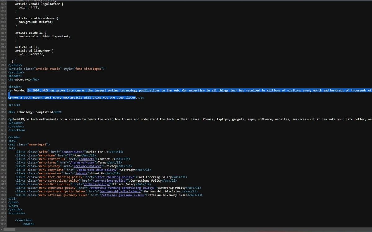 Снимок исходного кода страницы с выделенным текстом