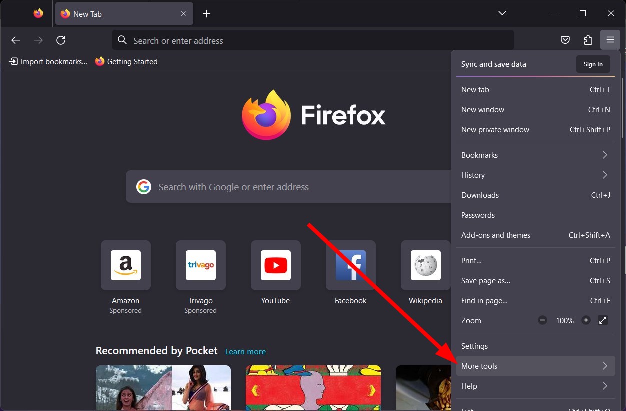 Меню в Mozilla Firefox
