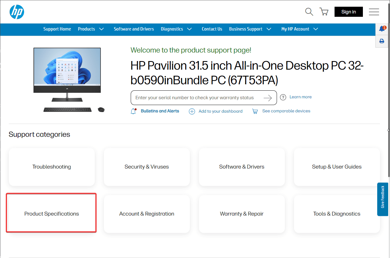 Страница спецификаций продукта на сайте производителя