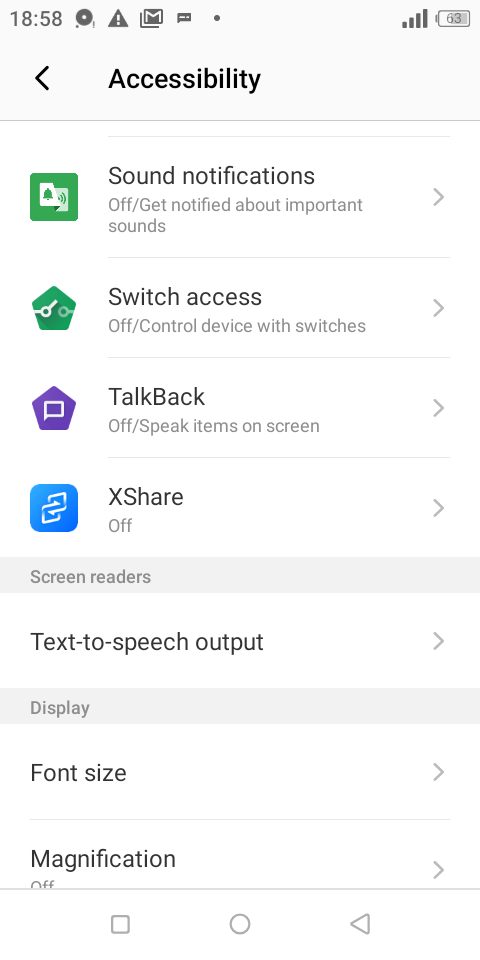 Скриншот раздела специальных возможностей Android