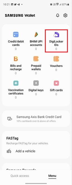 Выбор опции DigiLocker в приложении Samsung Wallet.