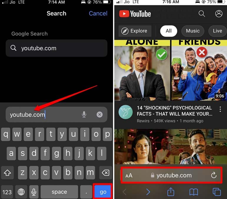 YouTube в браузере Safari на iPhone