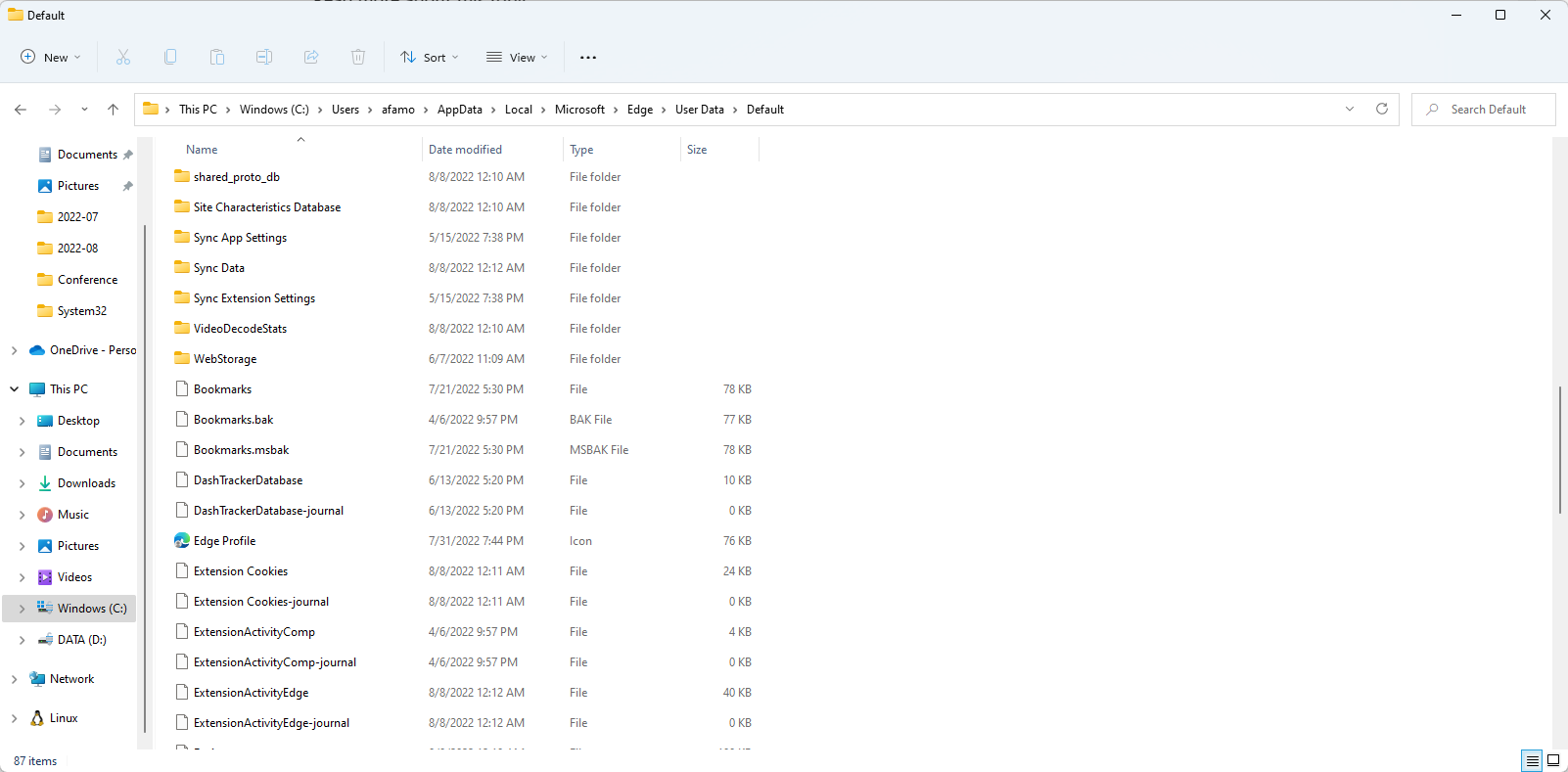 Папка User Data с профилем браузера в проводнике Windows